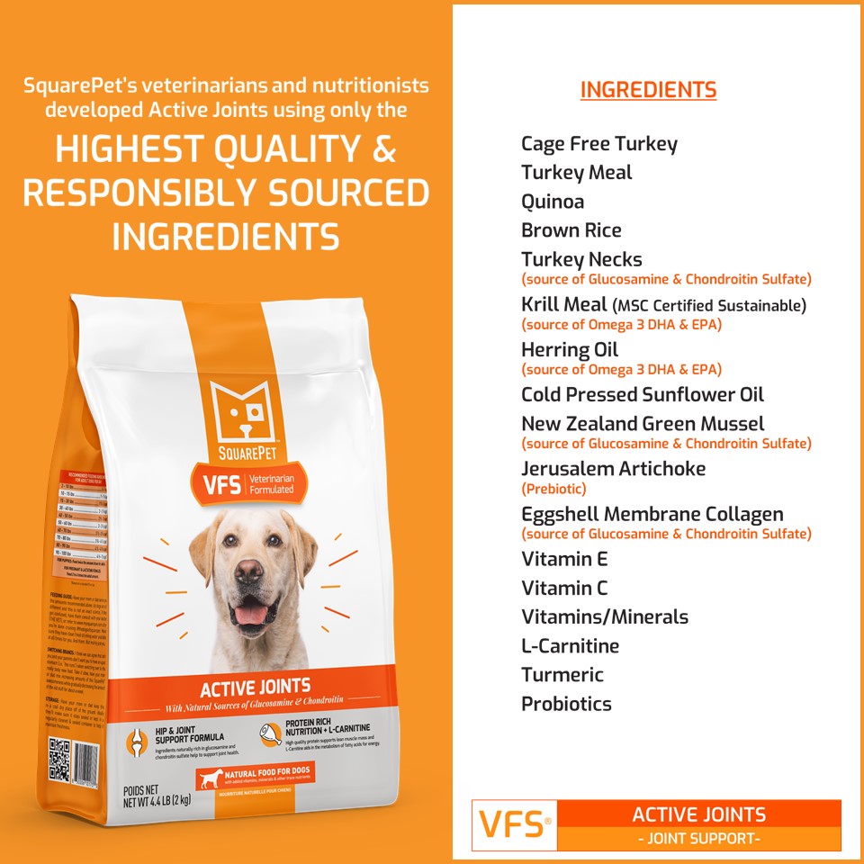 VFS Active Joints arthritis hip & joint dog food natural ingredients list.