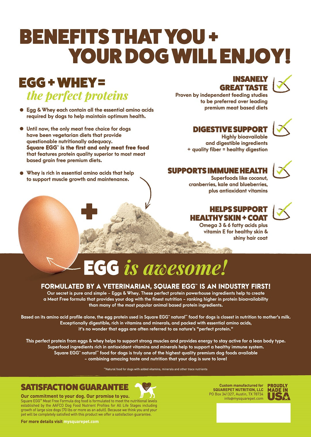 Square Egg vegetarian dog food back panel with features and benefits