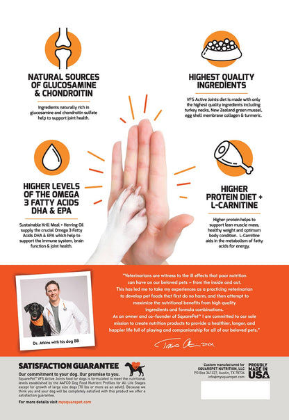 VFS Active Joints arthritis hip & joint dog food veterinary diet back panel.