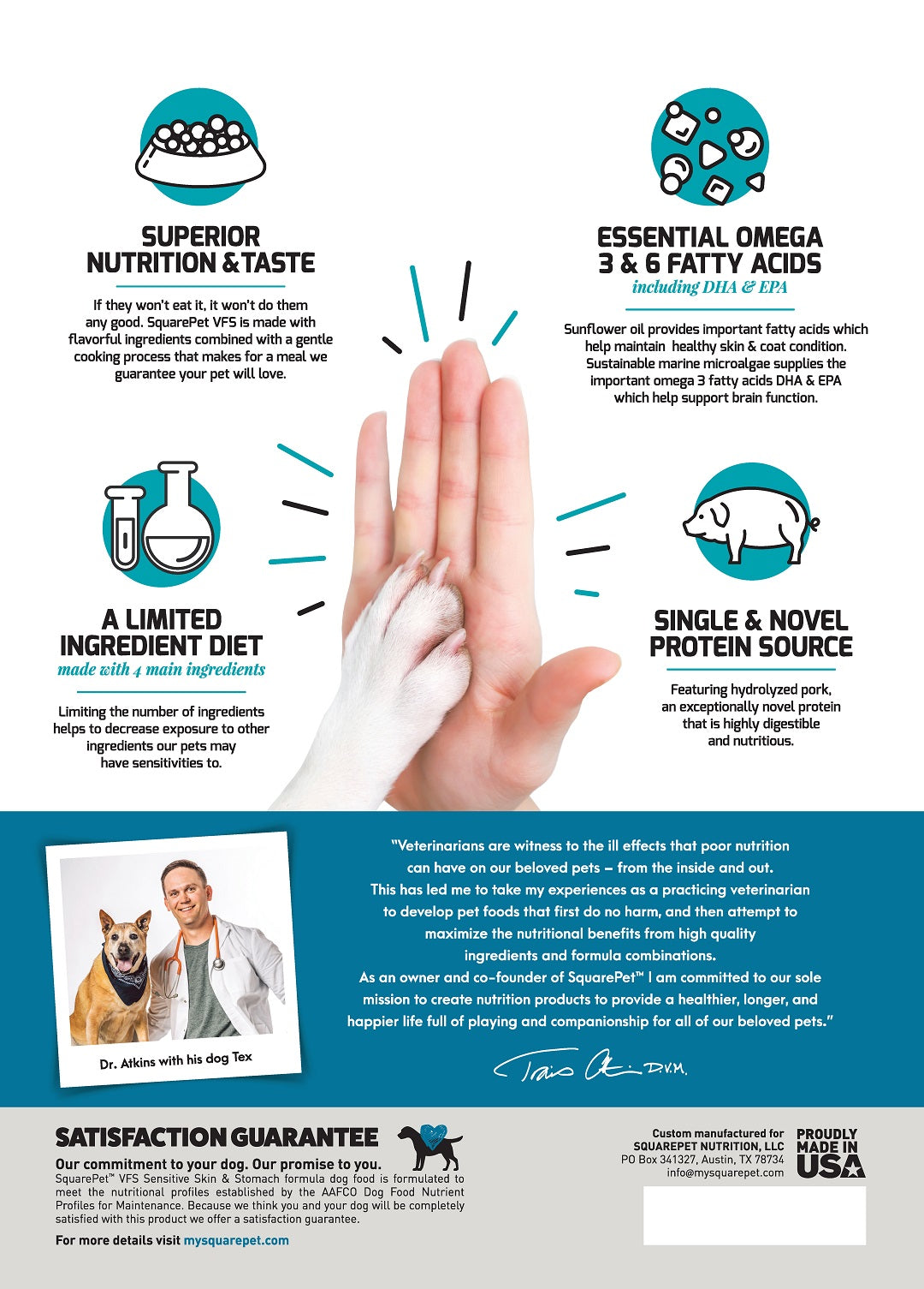 Veterinarian Formulated Solutions hydrolyzed protein dog food for food allergies back panel.